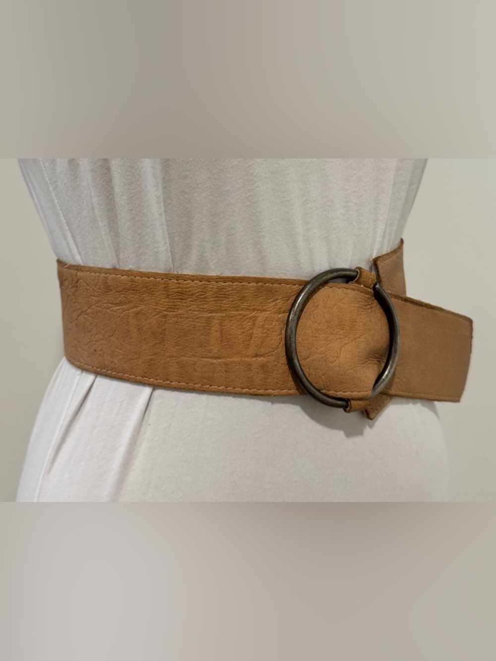 Wide Tan Waist Belt with Antique Metal Ring Buckle - Picture 6 of 7